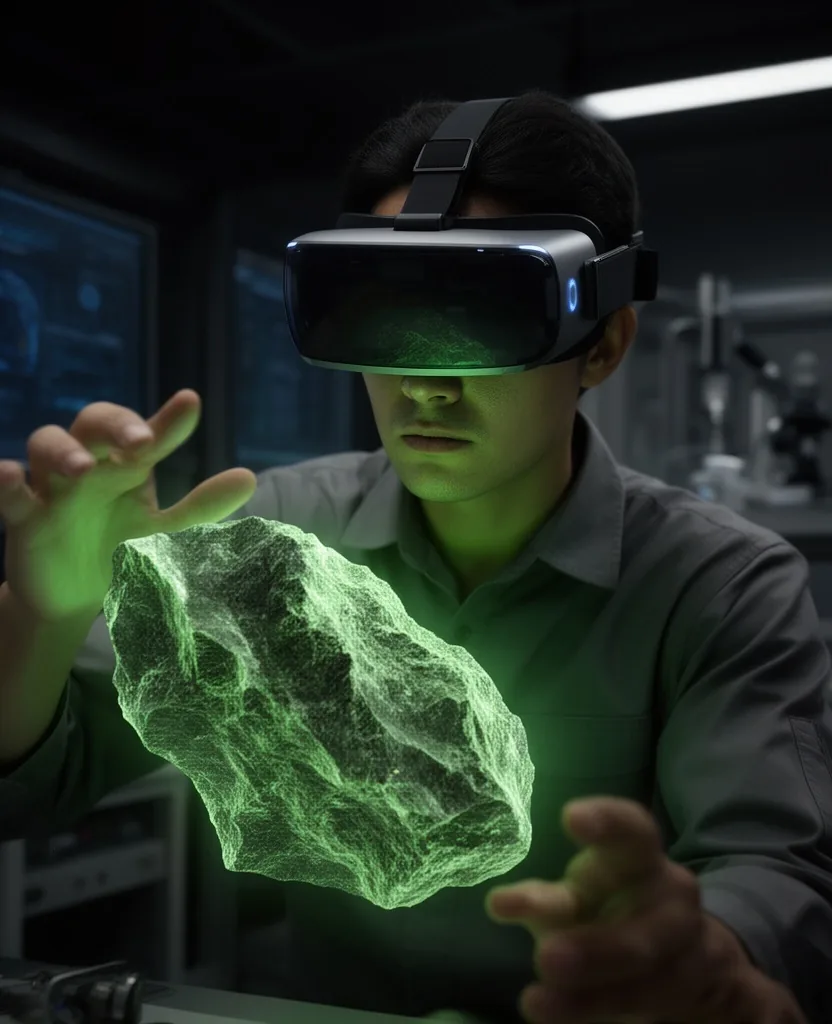 Geólogo usando realidad virtual para visualización de modelo 3D de subsuelo