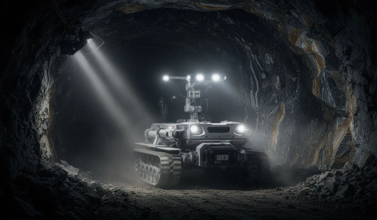Robot autónomo explorando túnel minero subterráneo