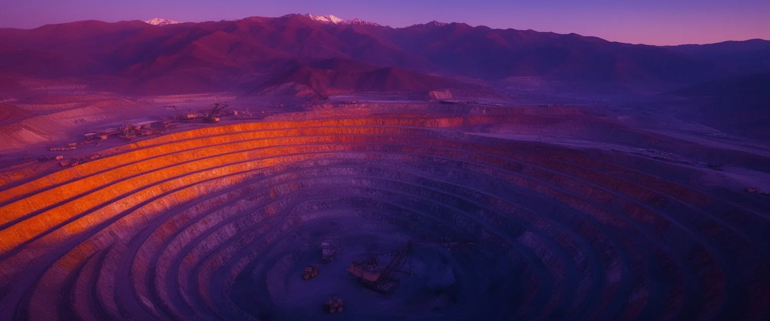 Vista aérea de un sitio minero en los Andes al atardecer